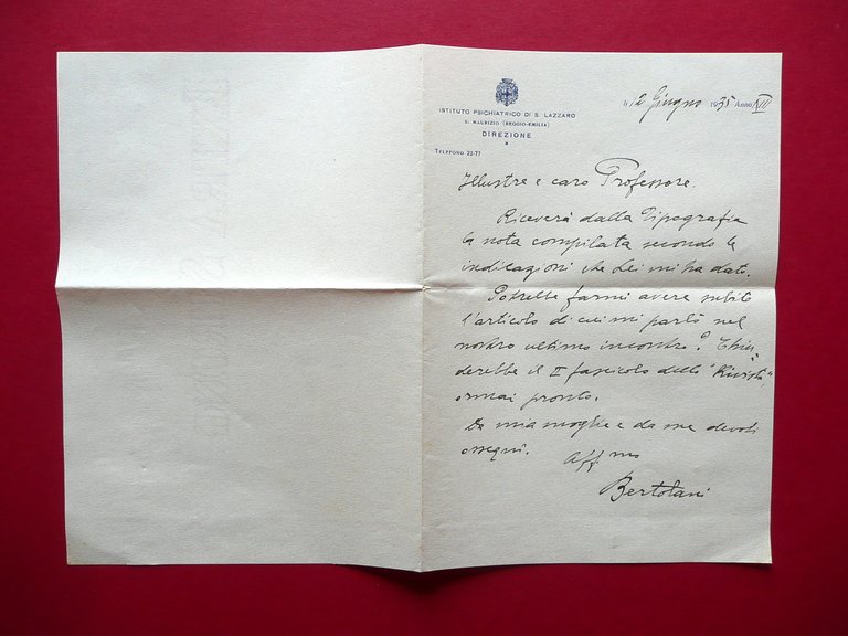 Autografo Aldo Bertolani Lettera Istituto Psichiatrico San Lazzaro Reggio 1935
