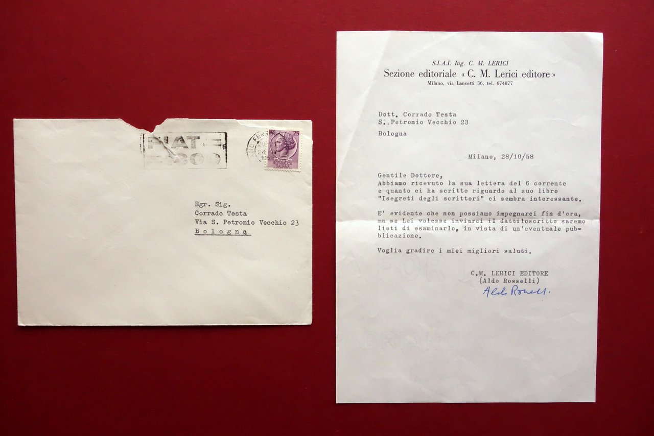 Autografo Aldo Rosselli Lerici Editore Lettera Firma Milano 1958