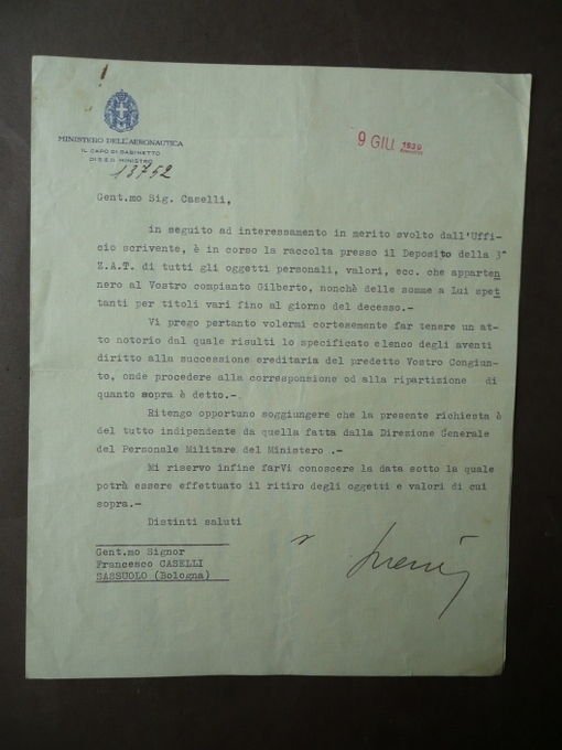 Autografo Aldo Urbani Generale Divisione Aeronautica Lettera Dattiloscritta 1939