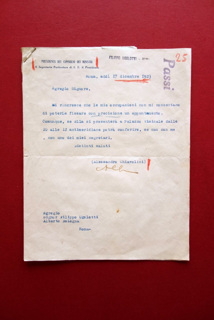 Autografo Alessandro Chiavolini Lettera Firma Roma 17/12/1923 Politica
