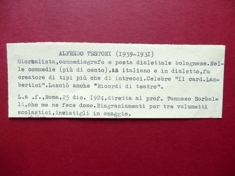 Autografo Alfredo Testoni Lettera Roma 25/12/1924 Sorbelli Commediografo