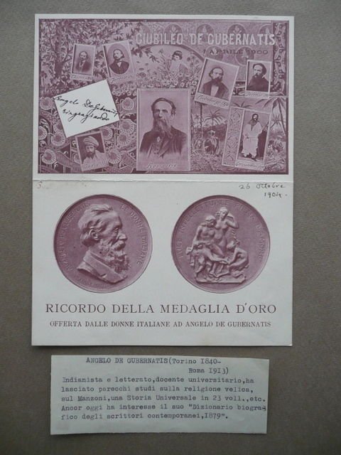 Autografo Angelo De Gubernatis Su Cartoncino Doppio Completo Indianista 1904