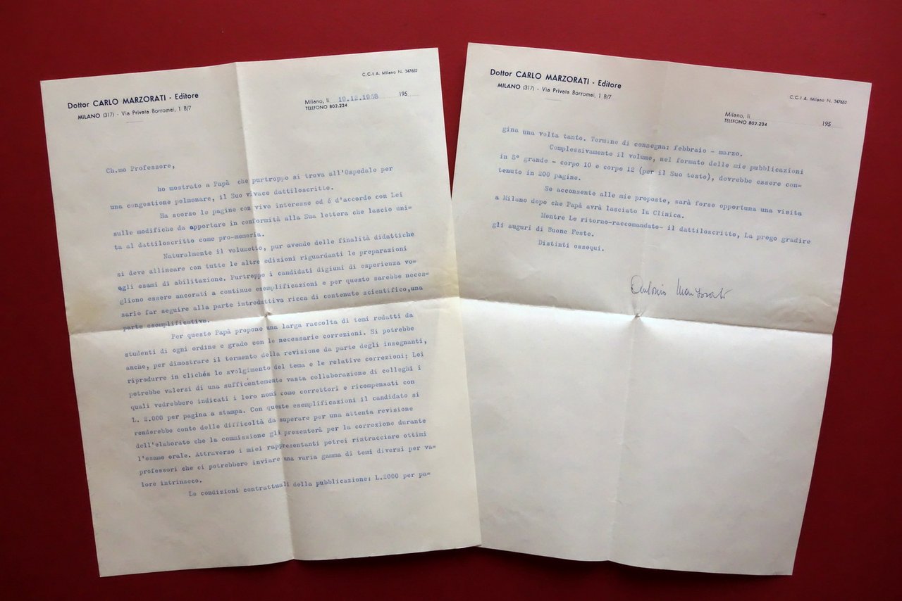 Autografo Antonio Marzorati Lettera Firma Editore Milano 1958 Proposta Contratto