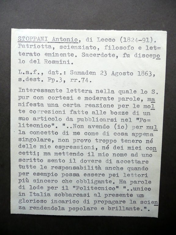 Autografo Antonio Stoppani Lecco Lettera Samaden 23/7/1863 Geologia