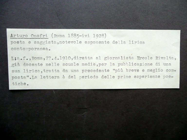 Autografo Arturo Onofri Lettera Roma 27/4/1910 Letteratura Poesia Metafisica