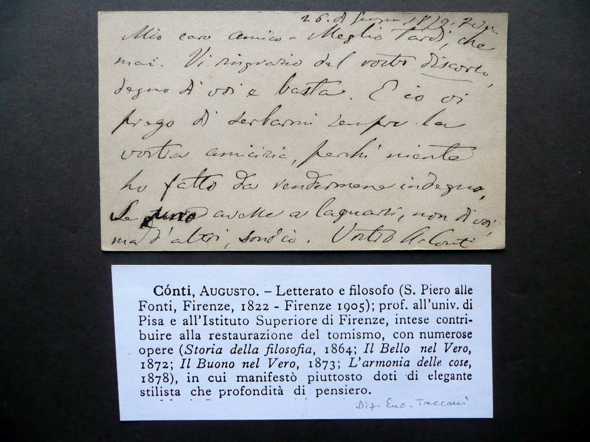 Autografo Augusto Conti Cartolina Postale 1879 Letterato Filosofo Tomismo