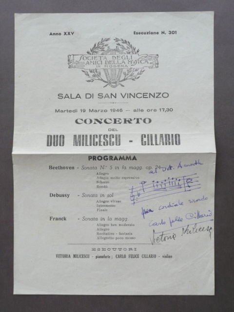 Autografo Carlo Felice Cillario Violino Milicescu Piano Manifesto Concerto 1946