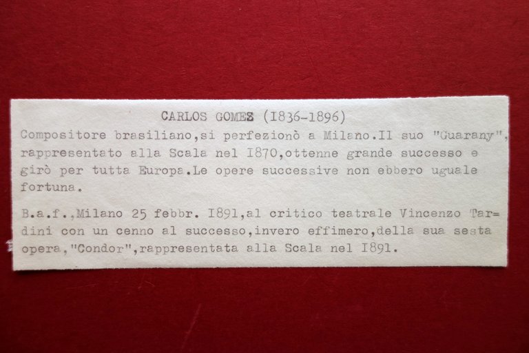 Autografo Carlos Gomes Compositore Biglietto da Visita 1891 Condor Lirica …