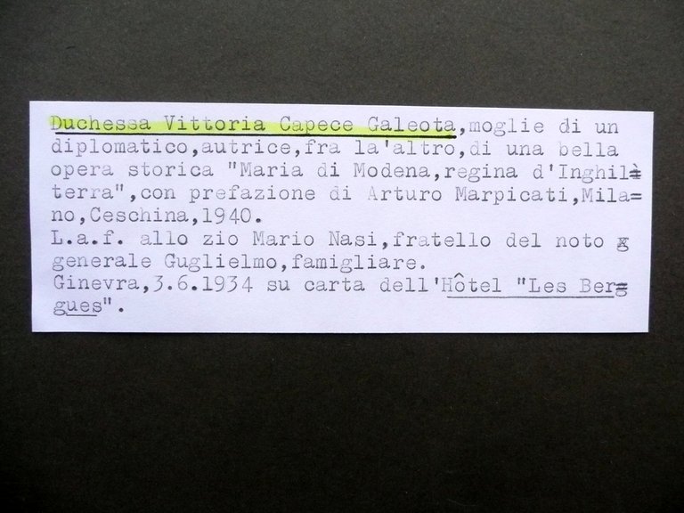 Autografo Duchessa Vittoria Capece Galeota Lettera Ginevra Les Bergues 1934