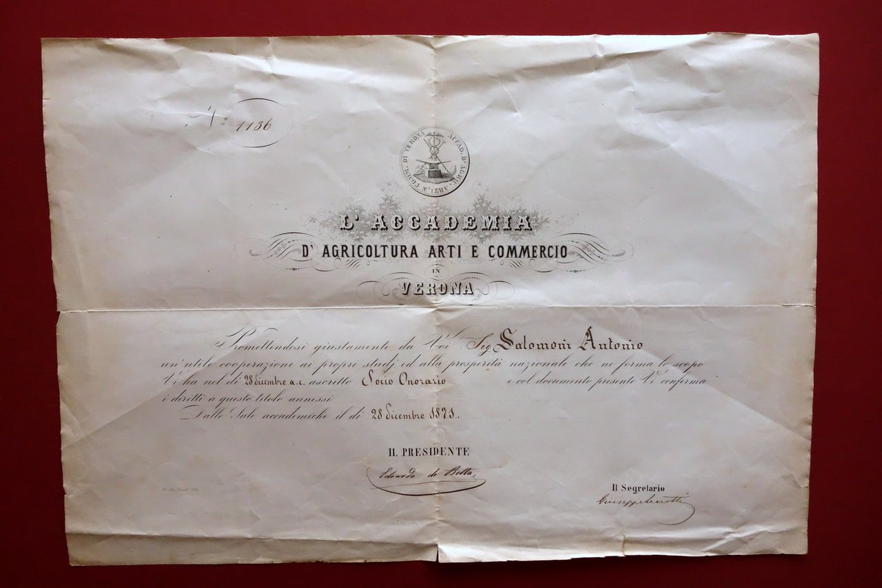 Autografo Edoardo de Betta Firma Diploma Accademia Agricoltura Arti Verona …