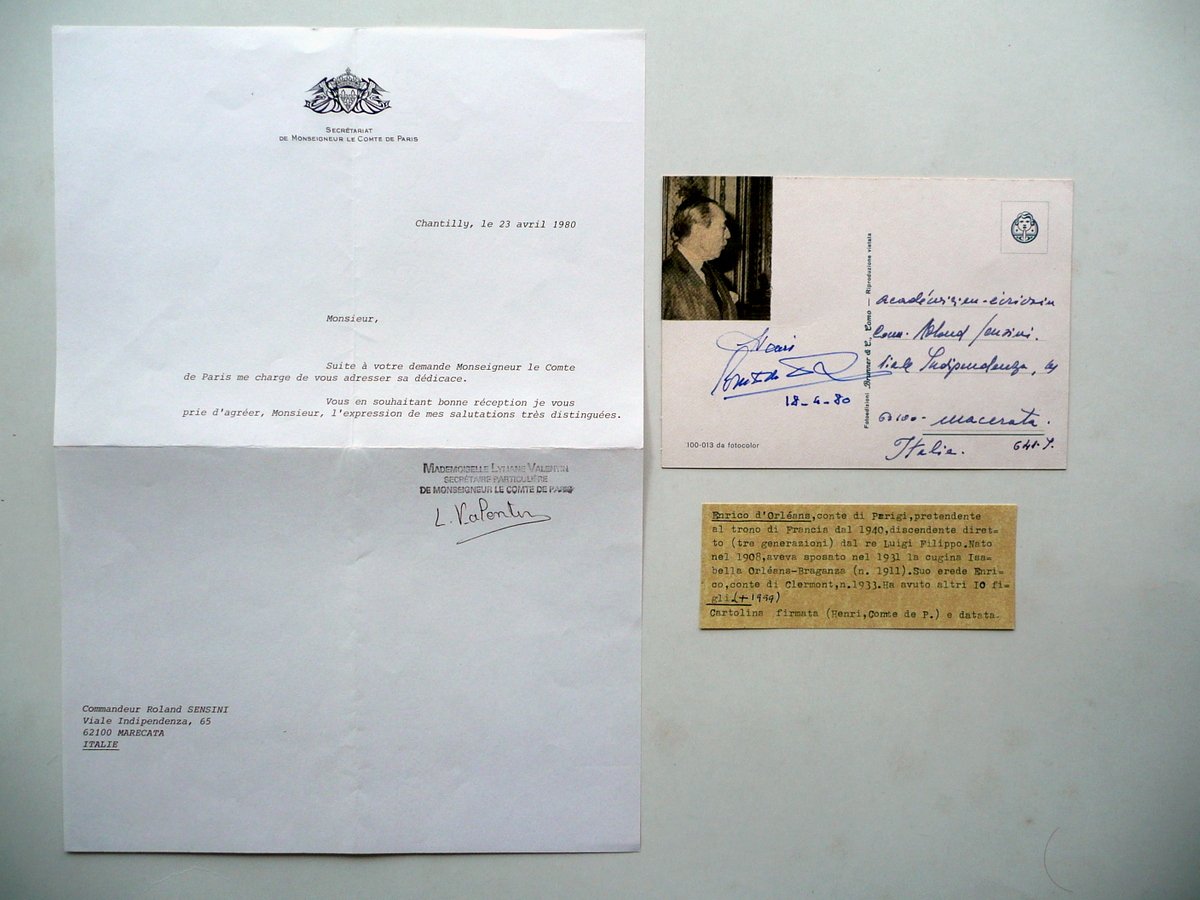 Autografo Enrico d'Orleans Conte di Parigi Cartolina Postale 1980 Sensini