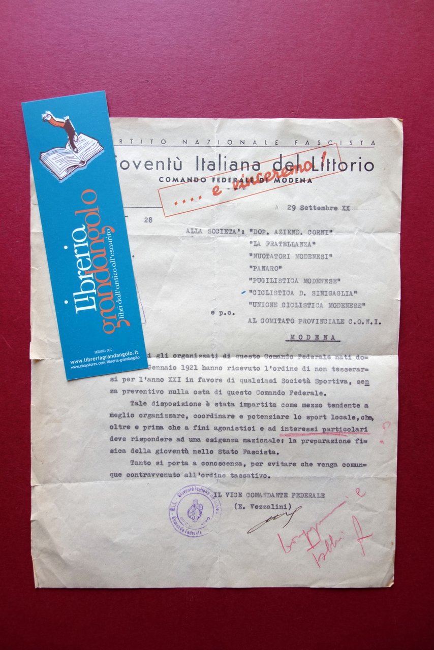 Autografo Enrico Vezzalini Vice Comandate Federale Modena GIL Lettera 1942 | Immagine principale