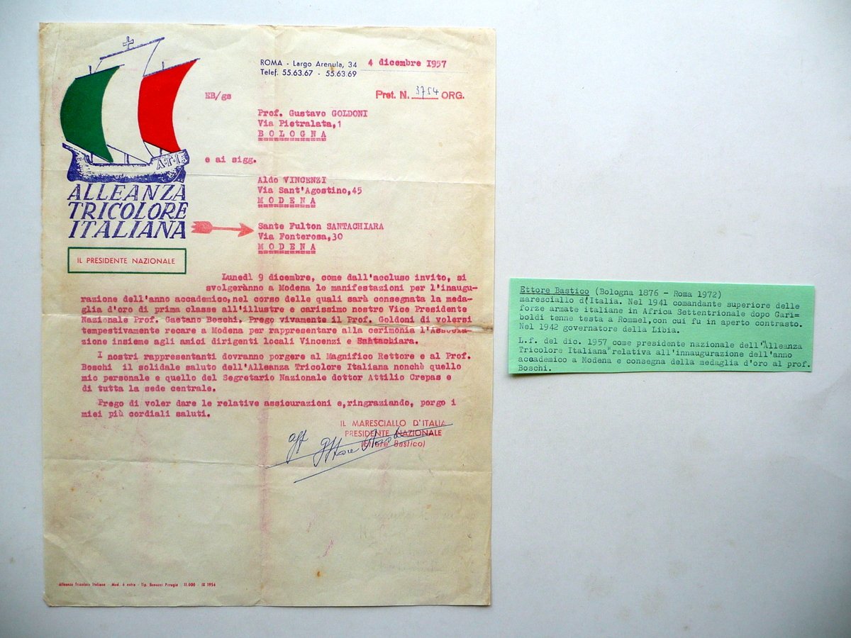 Autografo Ettore Bastico Lettera 1957 Alleanza Tricolore Italiana Africa WW2