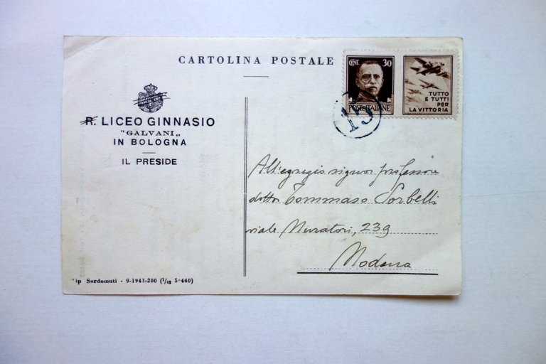 Autografo Ezio Chiorboli Cartolina Bologna Liceo Galvani Preside 1943 Sorbelli