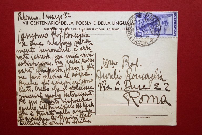 Autografo Federico de Maria Cartolina Aurelio Roncaglia Poeta Futurismo 1952