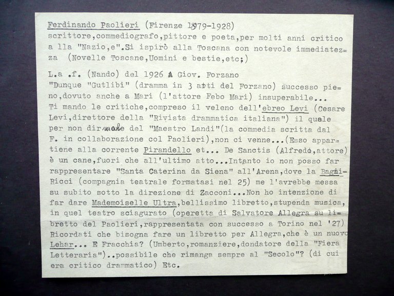 Autografo Ferdinando Paolieri Firenze Lettera 1926 Forzano Teatro Maremma