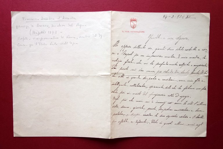Autografo Francesco Dentice d'Accadia Lettera Condoglianze Famiglia Amorth 1934 | Immagine Gallery 2
