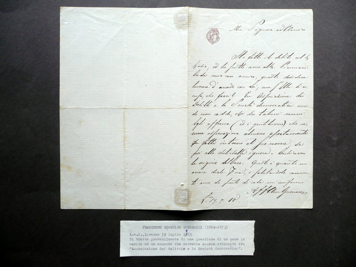 Autografo Francesco Domenico Guerrazzi Lettera 19/7/1865 Livorno Risorgimento