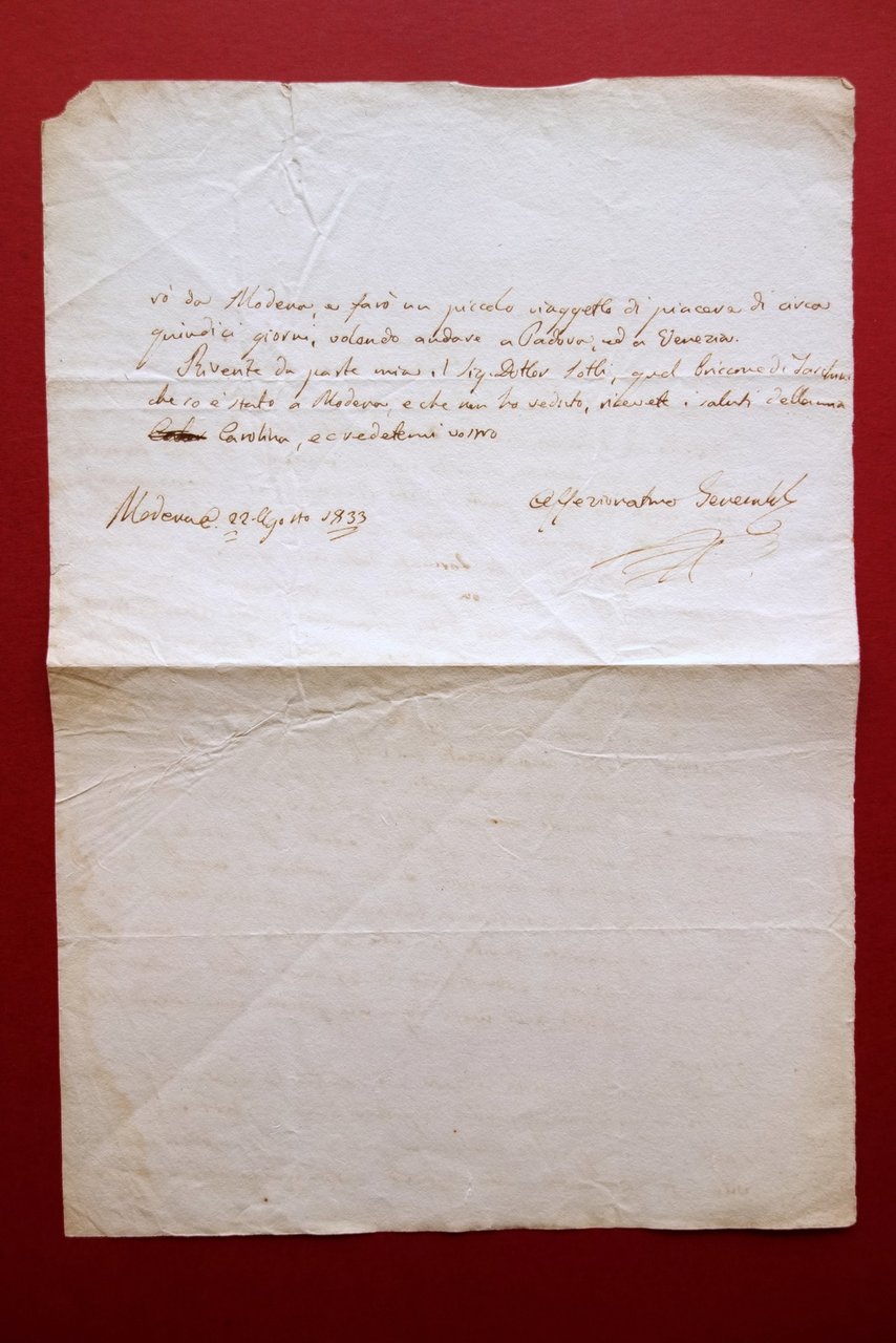 Autografo G. Generali Medico Naturalista Lettera Modena 22/8/1833 Ernia | Immagine principale