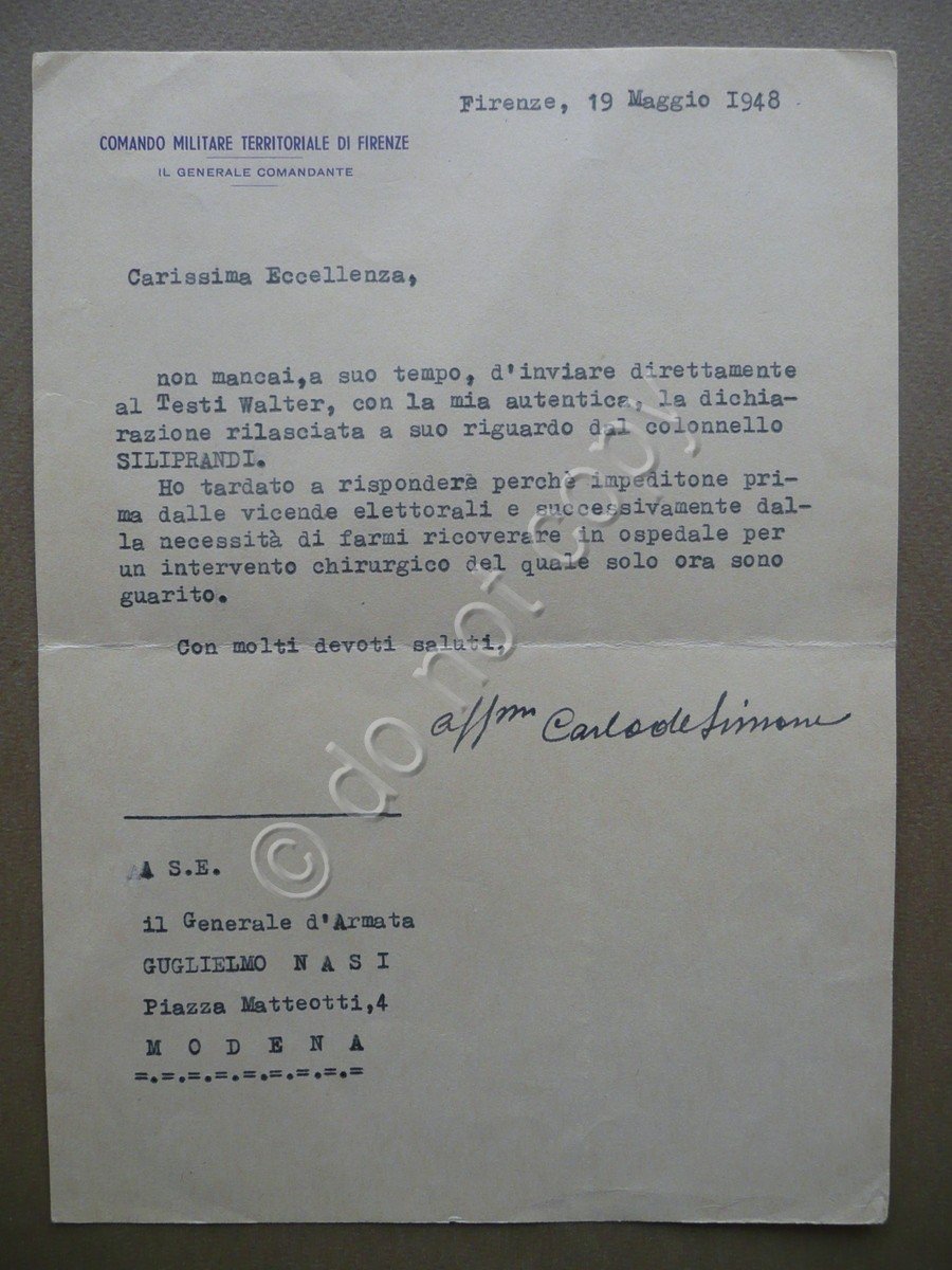 Autografo Generale Carlo de Simone Lettera Nasi Modena 1948 Difesa … | Immagine principale