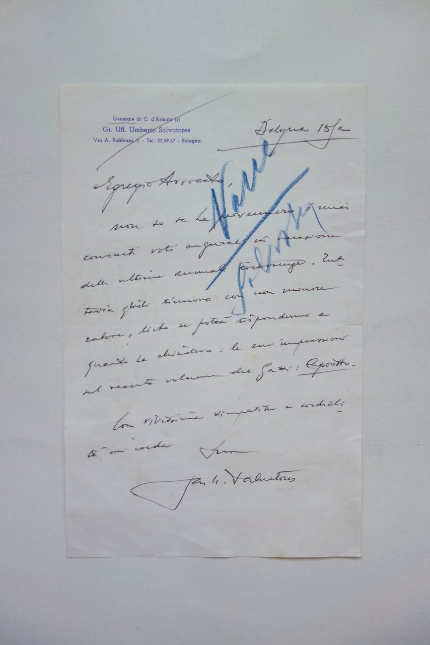 Autografo Generale Umberto Salvatores Lettera Bologna Volume Caporetto