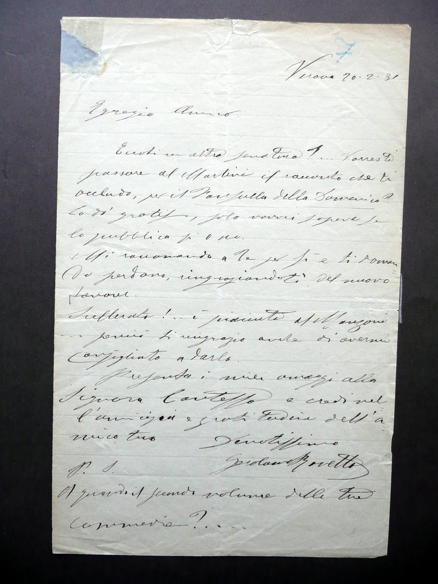 Autografo Gerolamo Rovetta Lettera Verona 1891(?) Racconto Fanfulla Domenica | Immagine principale