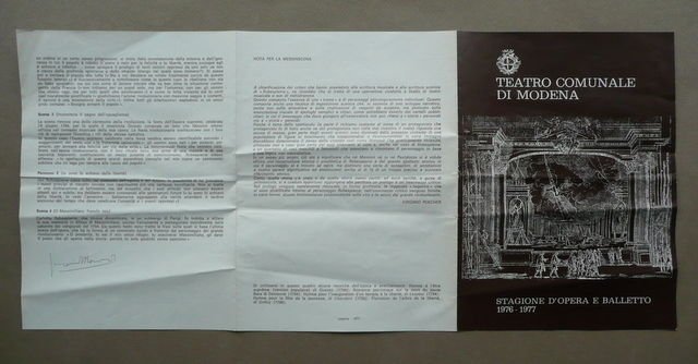 Autografo Giacomo Manzoni Pieghevole Teatro Comunale Modena Musica Opera 1976