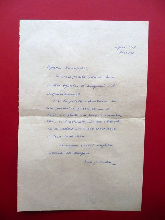 Autografo Giorgio Soavi Lettera Firenze Zampighi 2/1/1948 Giornalista Poeta | Immagine Gallery 1