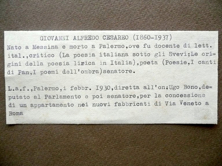 Autografo Giovanni Alfredo Cesareo Lettera Appartamento Roma 1930 Massoneria