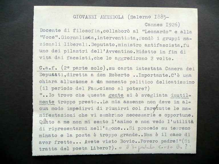 Autografo Giovanni Amendola Cartoncino Camera dei Deputati Antifascismo Politica