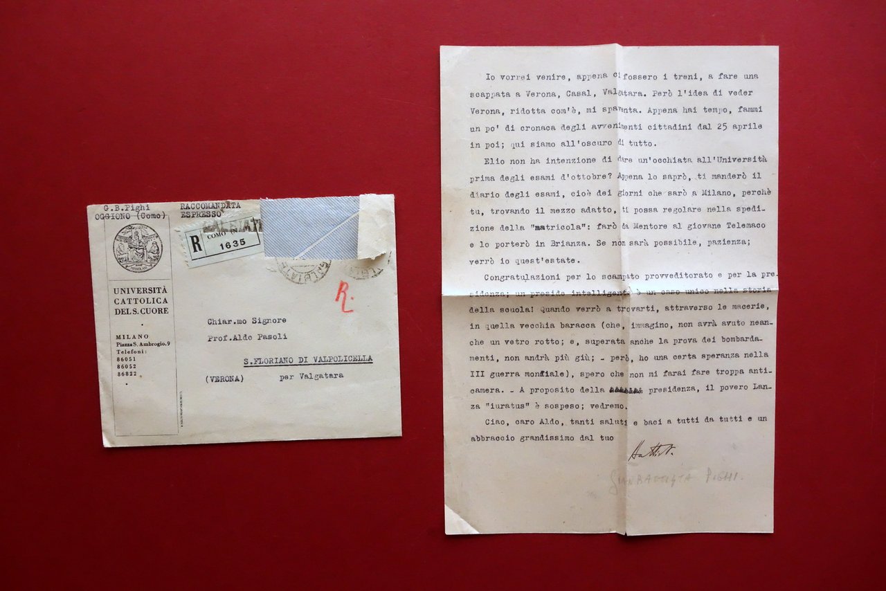 Autografo Giovanni Battista Pighi Lettera Firmata Oggiono 4/6/1945 Latinista | Immagine principale