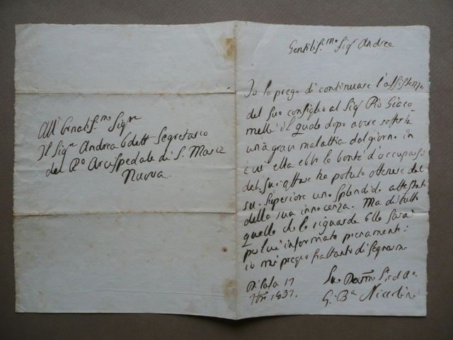 Autografo Giovanni Niccolini Lettera 1837 Letterato Ospedale Santa Maria Novella | Immagine principale