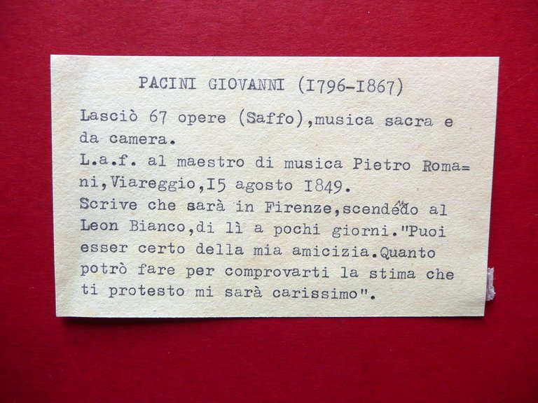 Autografo Giovanni Pacini Lettera Viareggio 15/8/1849 Pietro Romani Compositore