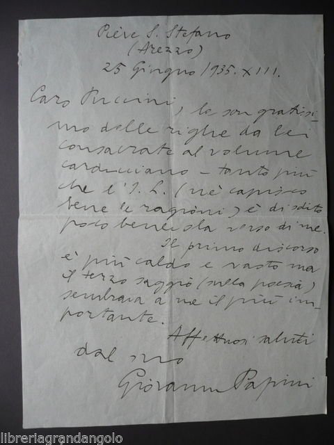 Autografo Giovanni Papini Pieve di Santo Stefano1935 Puccini Mario Carducci