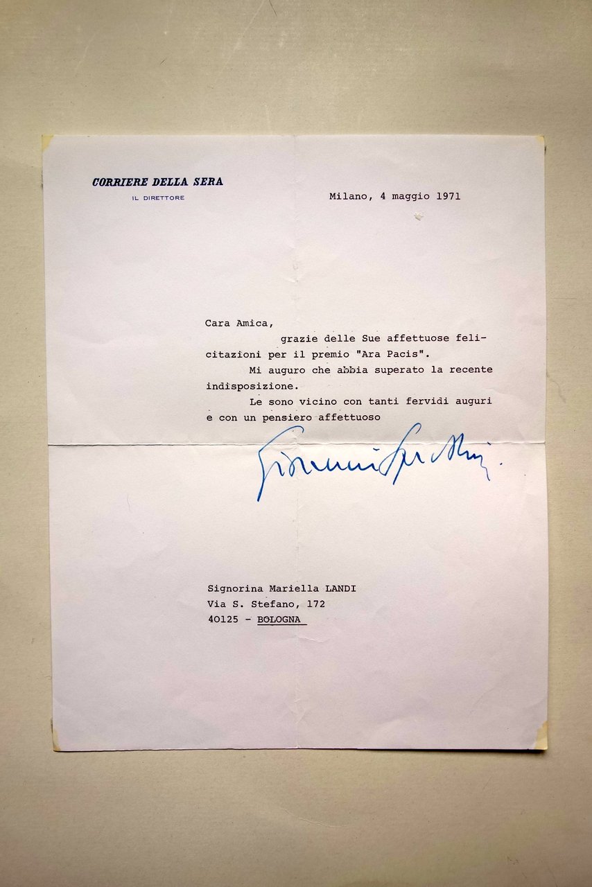 Autografo Giovanni Spadolini Lettera Corriere della Sera 1971 Premio Ara …