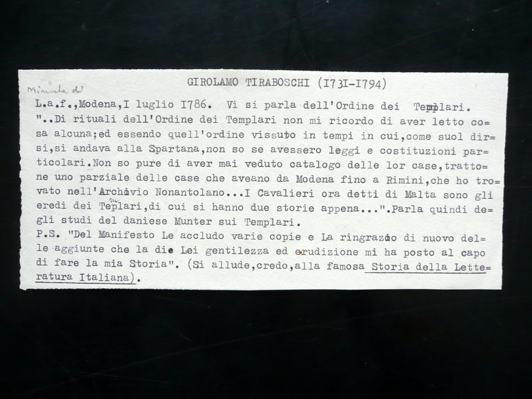 Autografo Girolamo Tiraboschi Lettera Modena 1 Luglio 1786 Ordine dei …