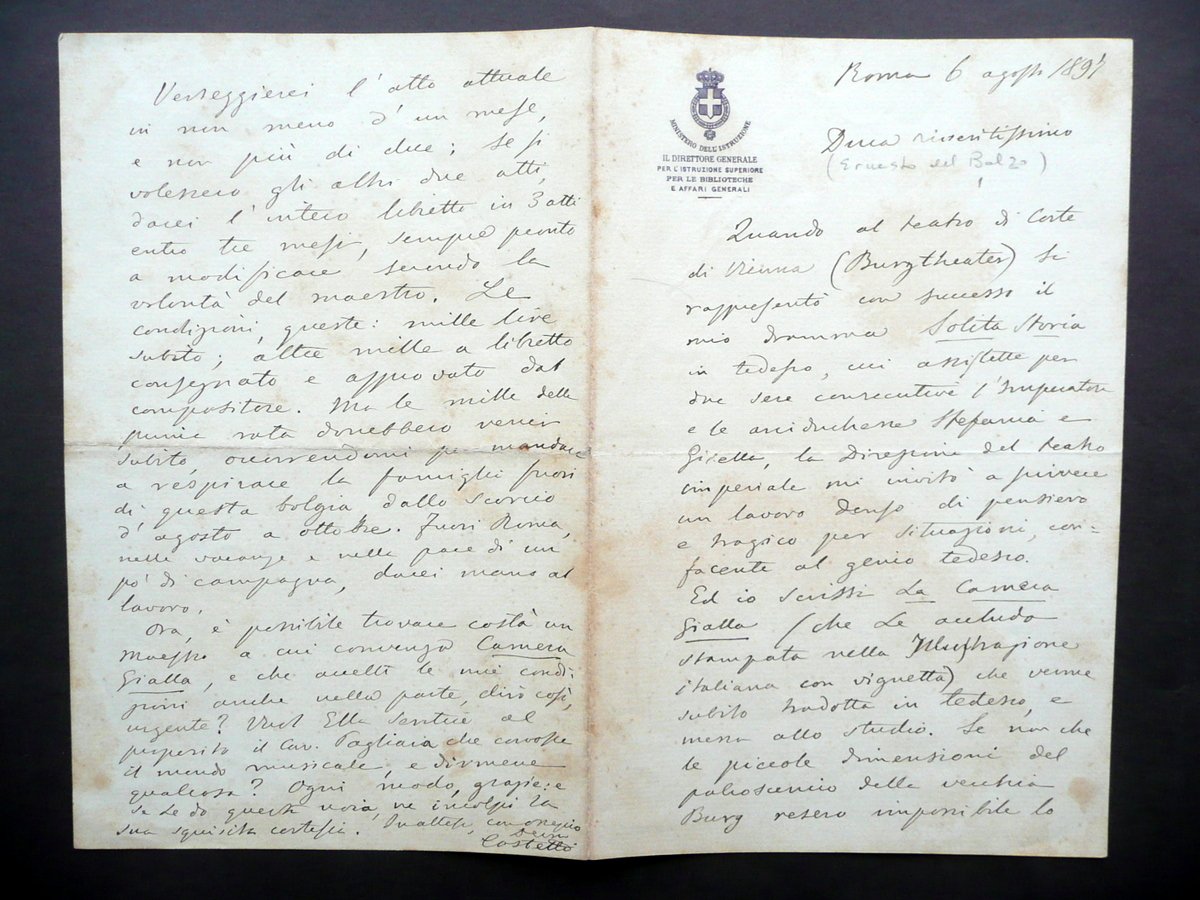 Autografo Giuseppe Costetti Lettera Roma 6/8/1897 Commediografo La Camera Gialla