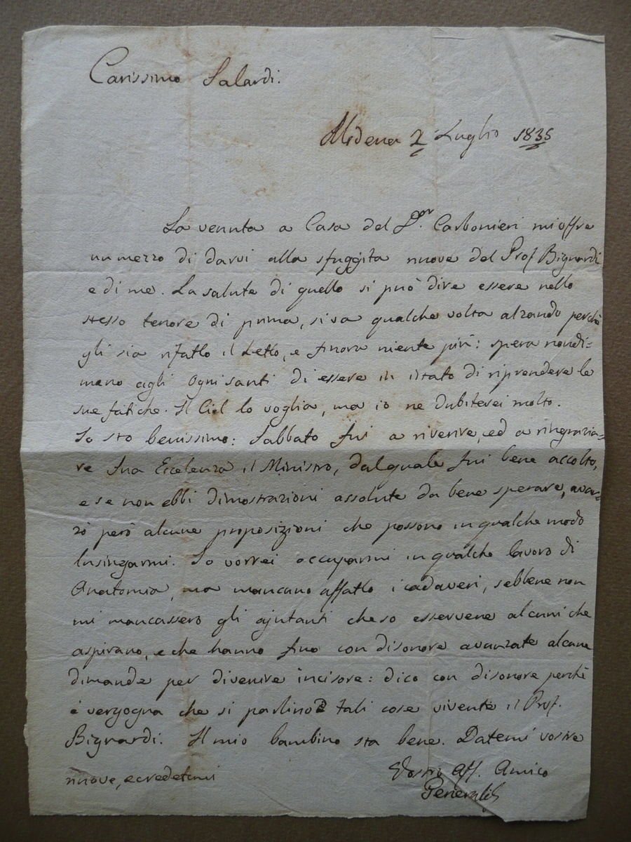 Autografo Giuseppe Generali Medico Lettera Modena 1835 Abate Salardi Novellara