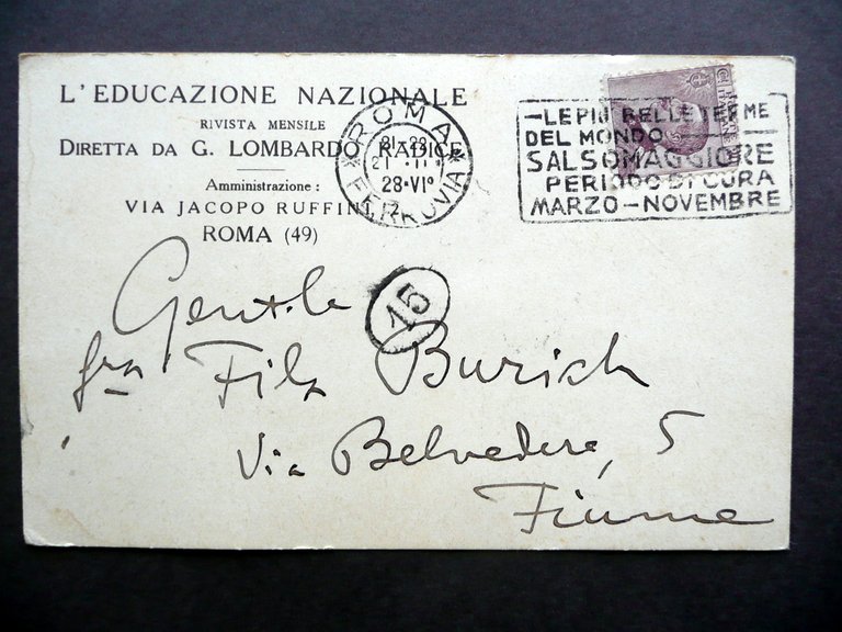 Autografo Giuseppe Lombardo Radice Cartolina Ed. Nazionale 1928 Burich Fiume