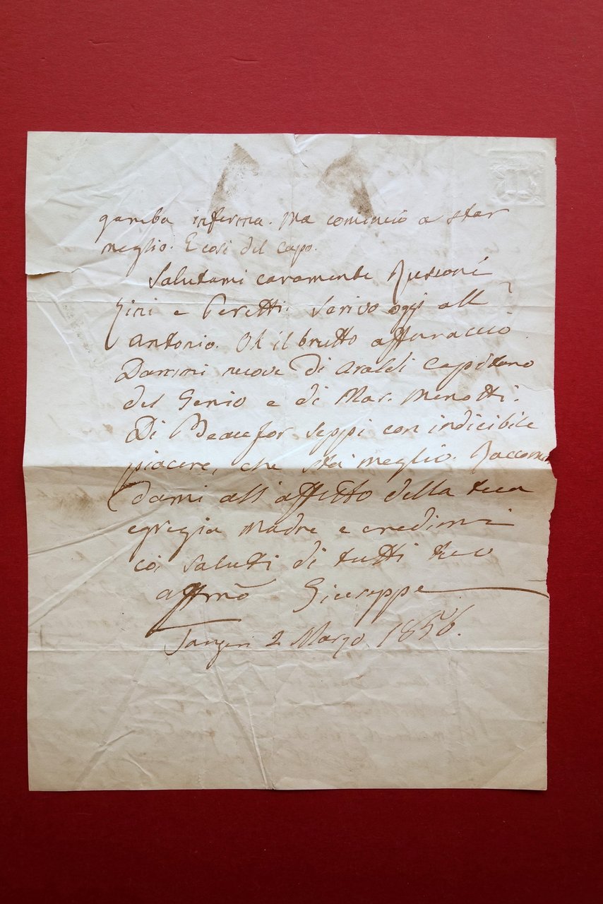 Autografo Giuseppe Malmusi Lettera Tangeri 2/3/1856 Militare Patriota Modena | Immagine principale