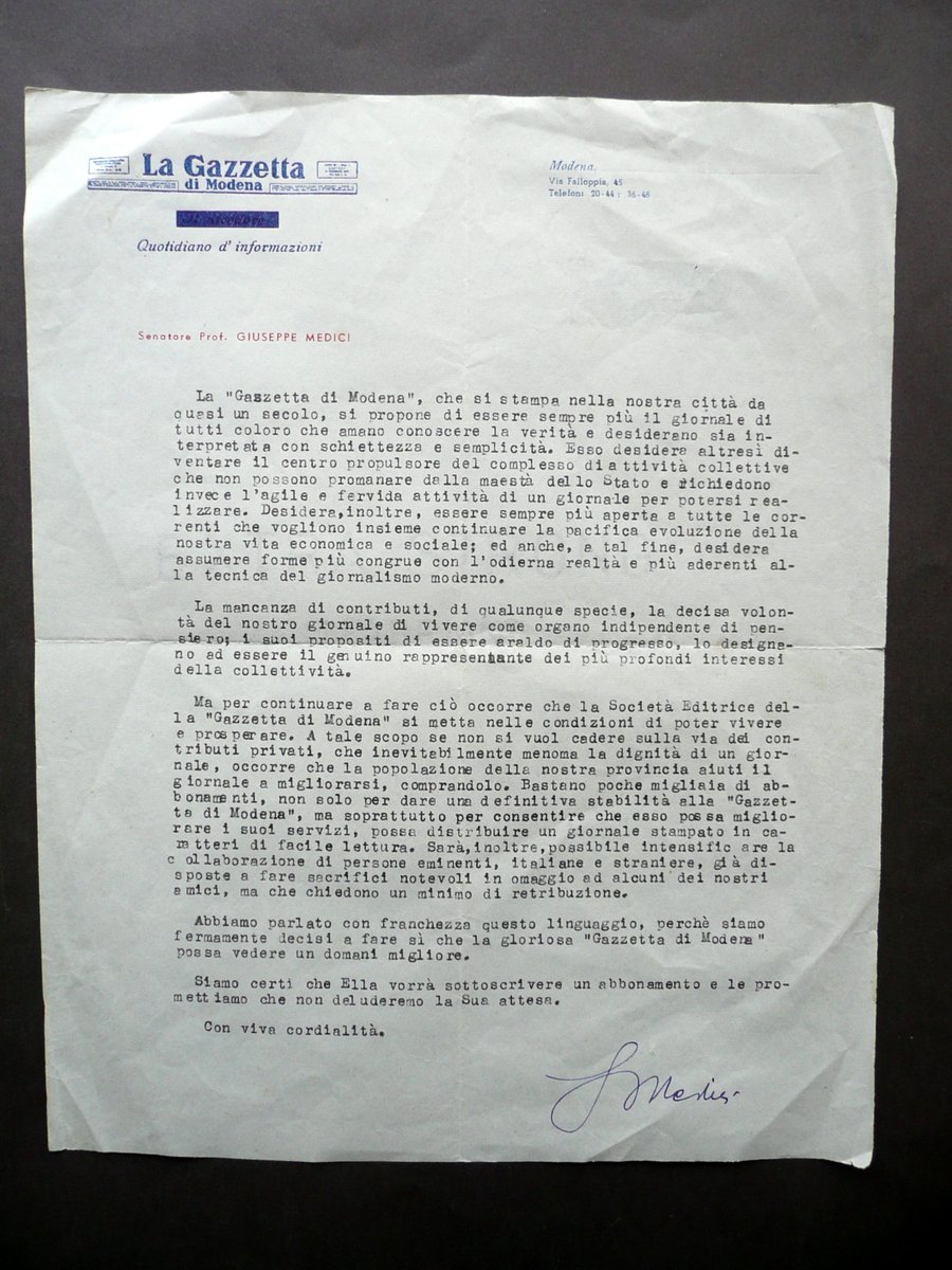 Autografo Giuseppe Medici Lettera Gazzetta di Modena Programma Rilancio | Immagine principale