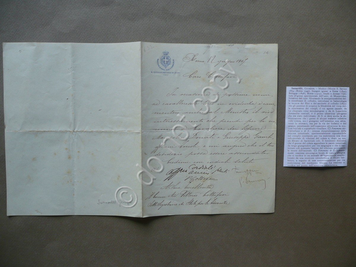 Autografo Giuseppe Sanarelli Lettera Roma 1907 Medicina Igiene Virus Politica