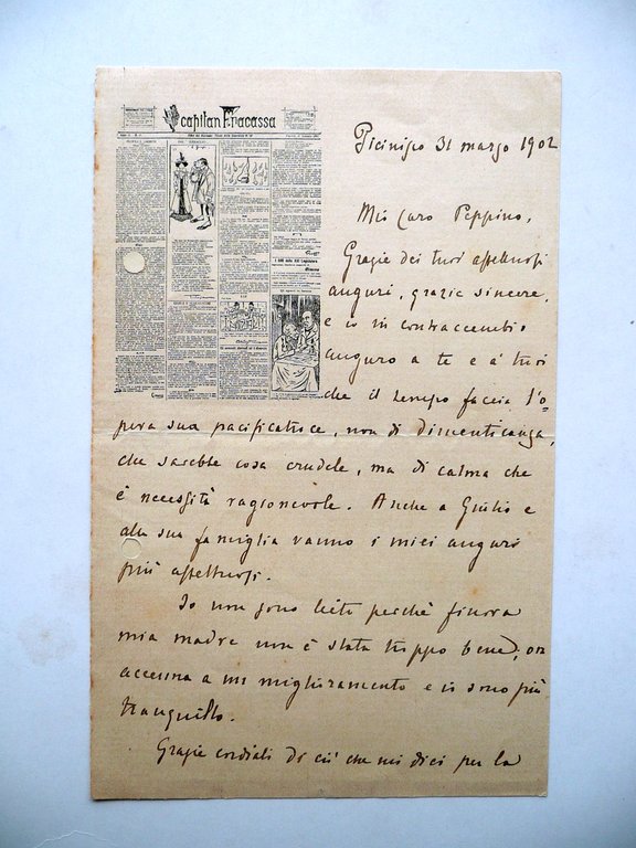 Autografo Giustino Ferri Lettera Picinisco Frosinone 31/3/1902 Capitan Fracassa