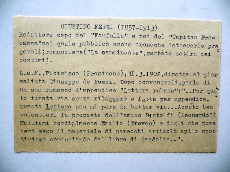 Autografo Giustino Ferri Lettera Picinisco Frosinone 31/3/1902 Capitan Fracassa