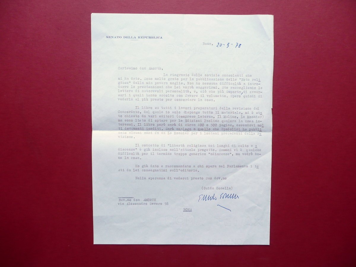 Autografo Guido Gonella Lettera Firma Roma 20/5/1978 Senatore Amorth Politica