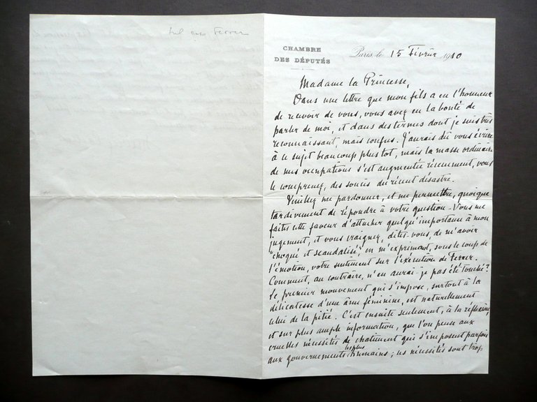 Autografo Henry Cochin Lettera Parigi 15/2/1910 Caso Ferrer Rivolta Barcellona