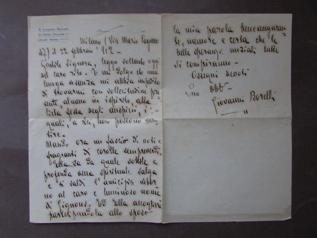 Autografo Lettera Giovanni Borelli VI Congresso Partito Liberale Giovanile 1912