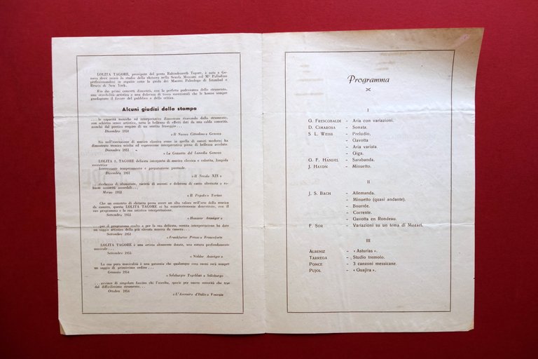 Autografo Lolita Tagore Chitarrista Programma Concerto S. Vincenzo Modena 1955