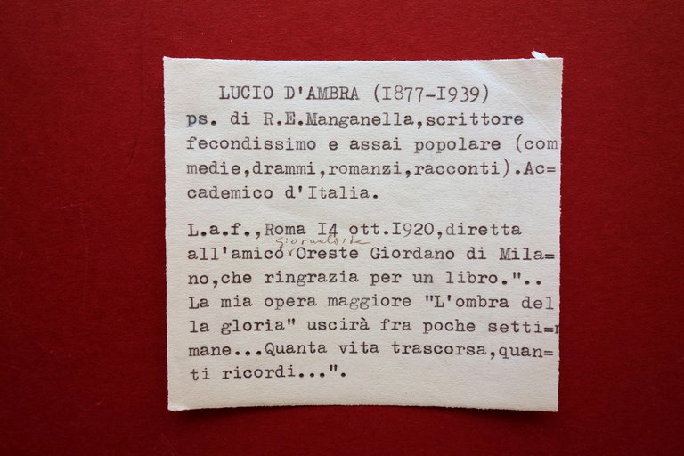 Autografo Lucio d'Ambra Lettera Roma 1920 Oreste Giordano Letteratura