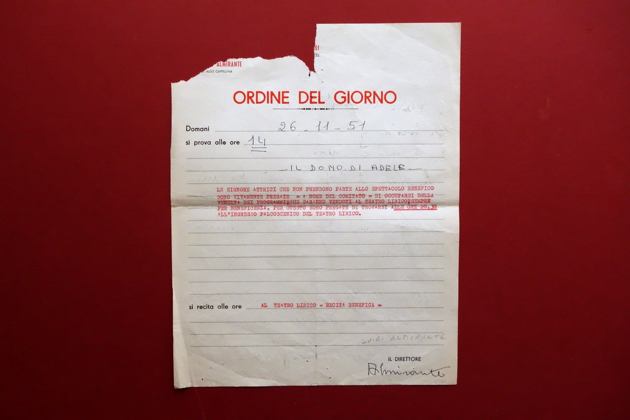 Autografo Luigi Almirante Lettera Ordine del Giorno Teatro Il Dono …